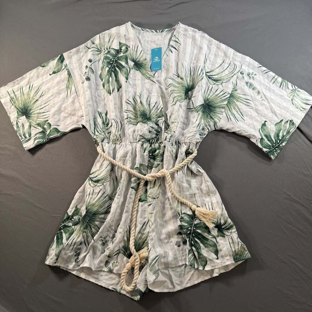 CUPSHE Tropical Leaf Romper Women’s Small Kimono Sleeve Rope Belt